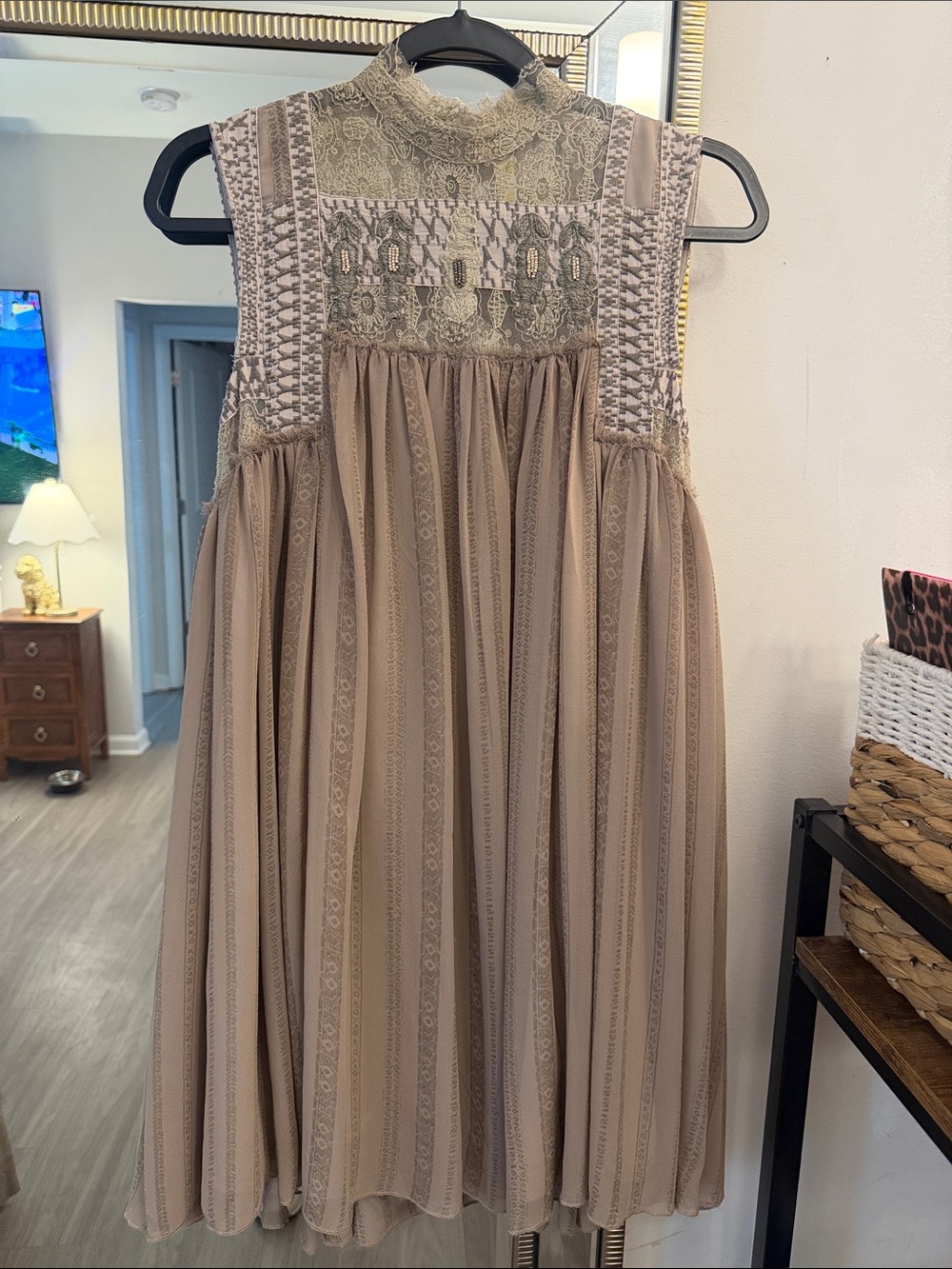 Free People Taupe Lace Yoke Mini Dress